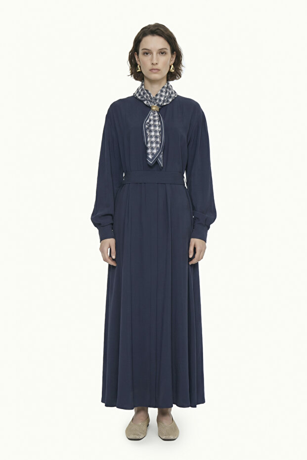 Flowy Navy Blue Dress with Belted Shawl Detail 0579