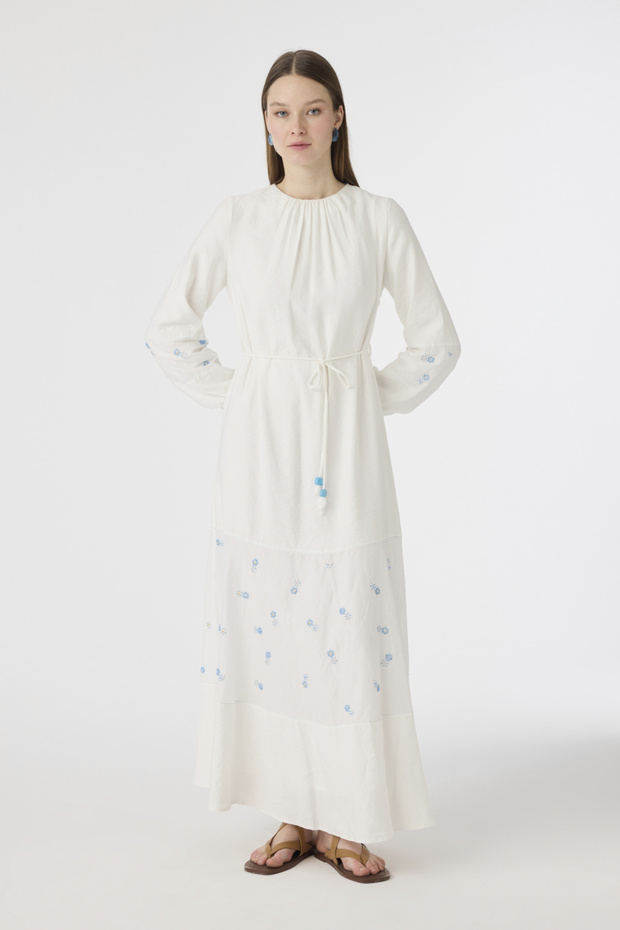 Crew Neck Belted Embroidered Ecru Dress 0599