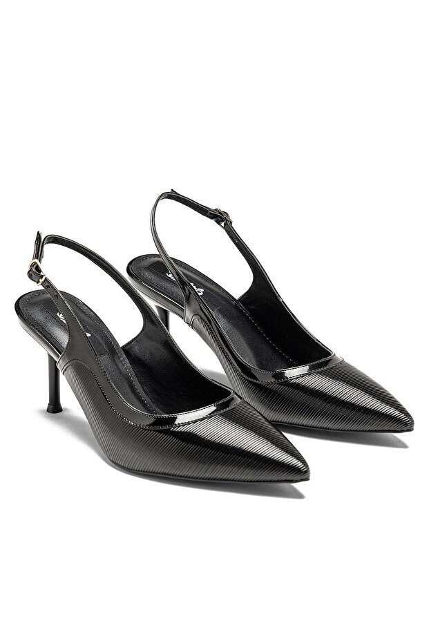 Women's Open Back Line Patterned Buckle Pointed Toe Thin Heeled Evening Dress Shoes 17330
