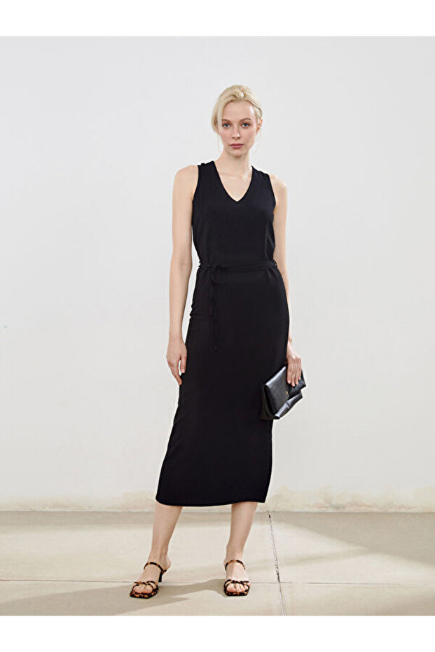 V-Neck Textured Belted Dress