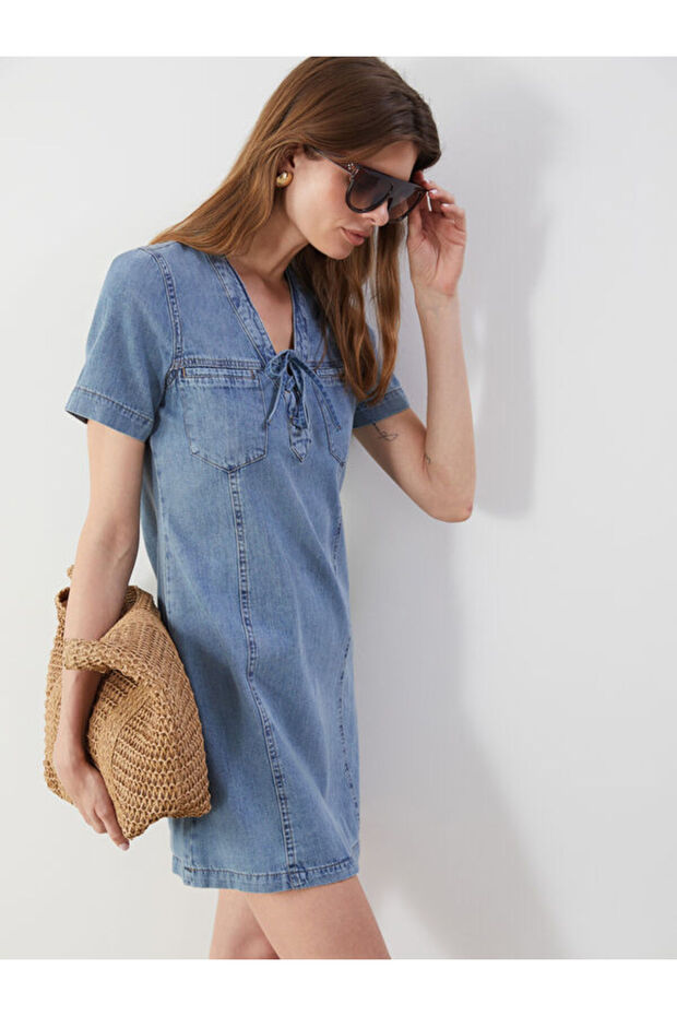Tie Collar Jean Dress