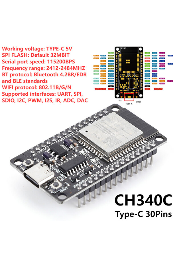 لوحة تطوير CH340C WROOM-32D ذات استهلاك منخفض للغاية للطاقة، ثنائية النواة، متوافقة مع واي فاي وبلوتوث