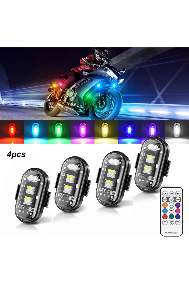 4 قطع من أضواء LED الوامضة للطائرات مع جهاز تحكم عن بعد، 8 ألوان، أضواء LED مضادة للاصطدام للسيارات