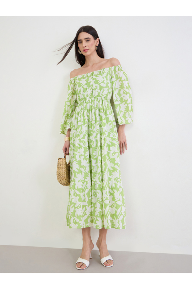 Green Off Shoulder Cotton Tiered Maxi Dress