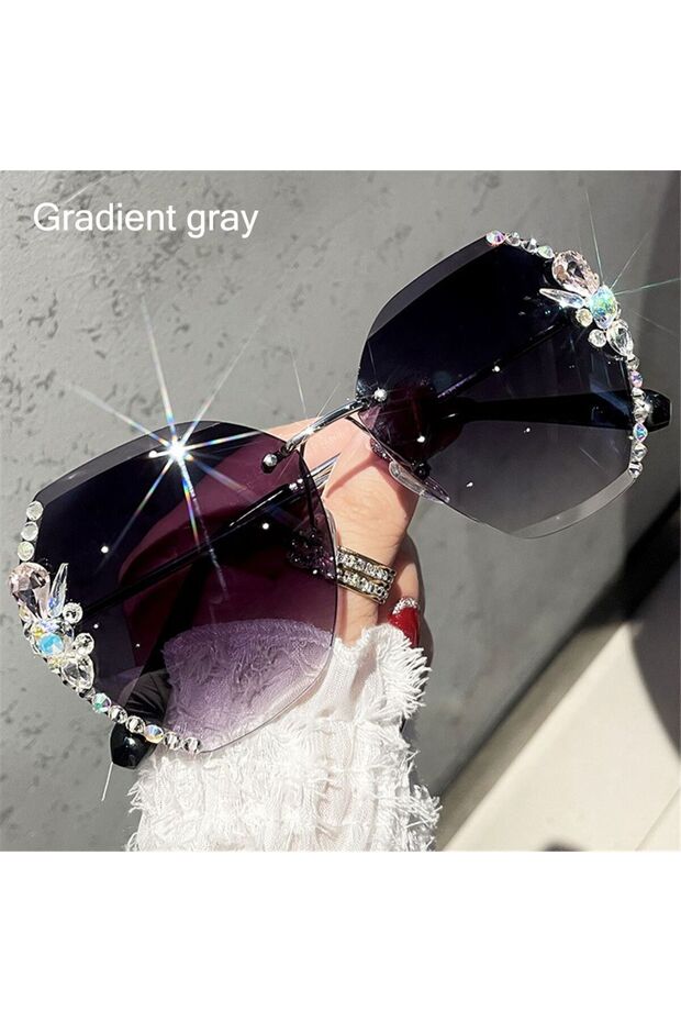 Gradient gray Vintage Cutting Lens UV400 Women Sun Glasses Gradient Rimless Sunglasses Rhinestone Su