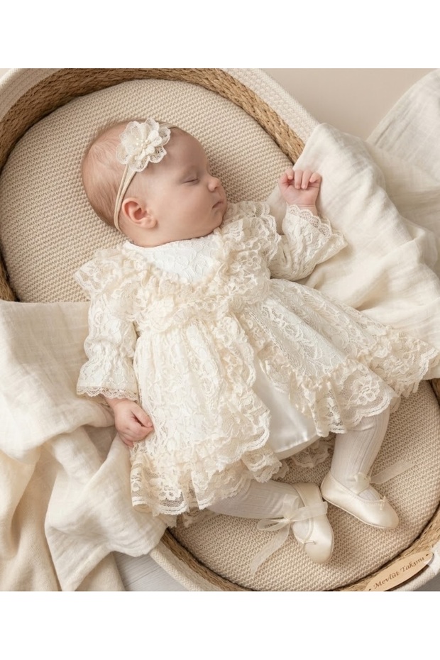 Baby Girl 0/3-3/6 Months Orchid Mevlütlük Set with Lace Details, Premium Set Including Bandana and Shoes