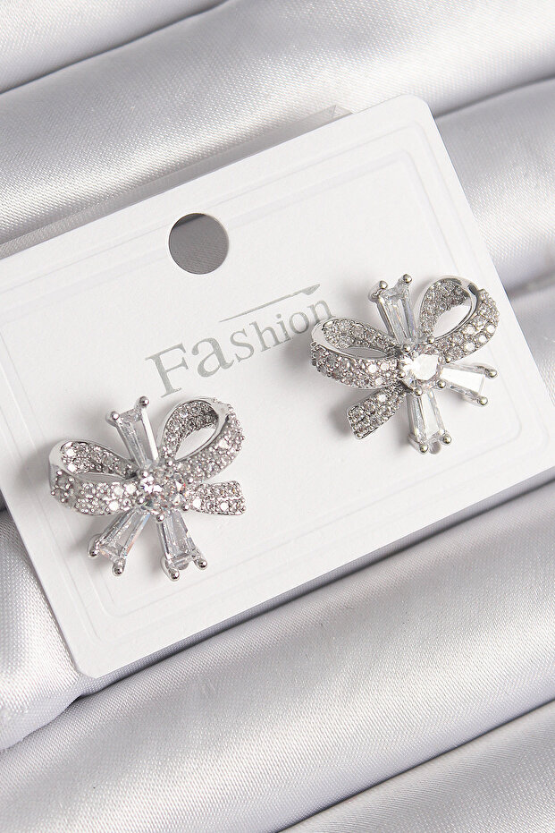 Brass Silver Color Zircon Stone Bow Model Women's Earrings 5886
