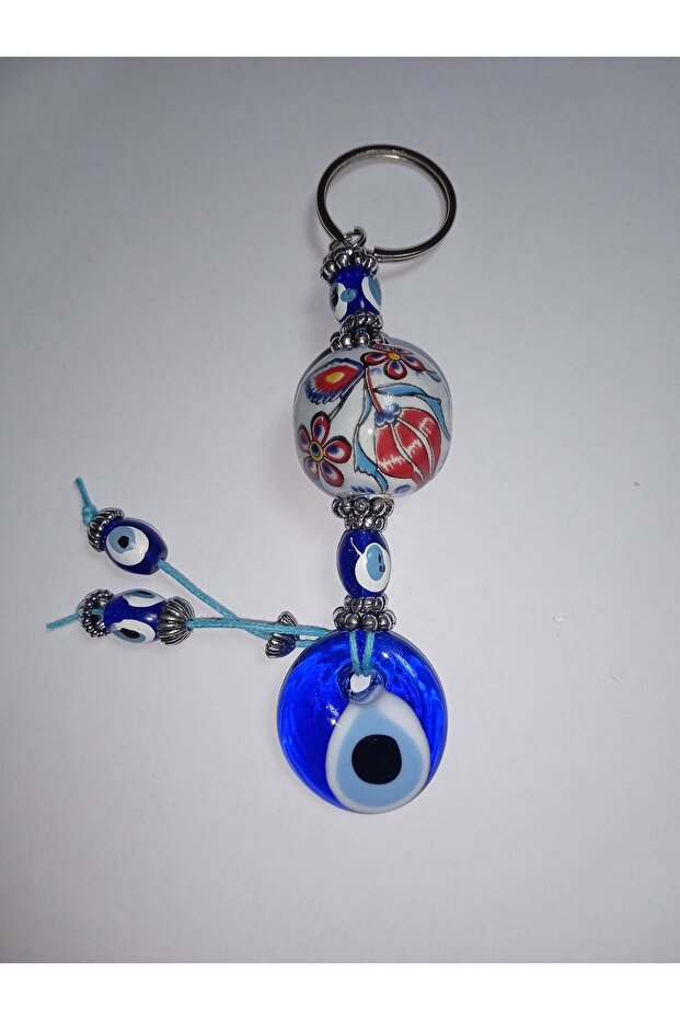 Handmade Keyring with Ceramic Ball and Evil Eye Bead