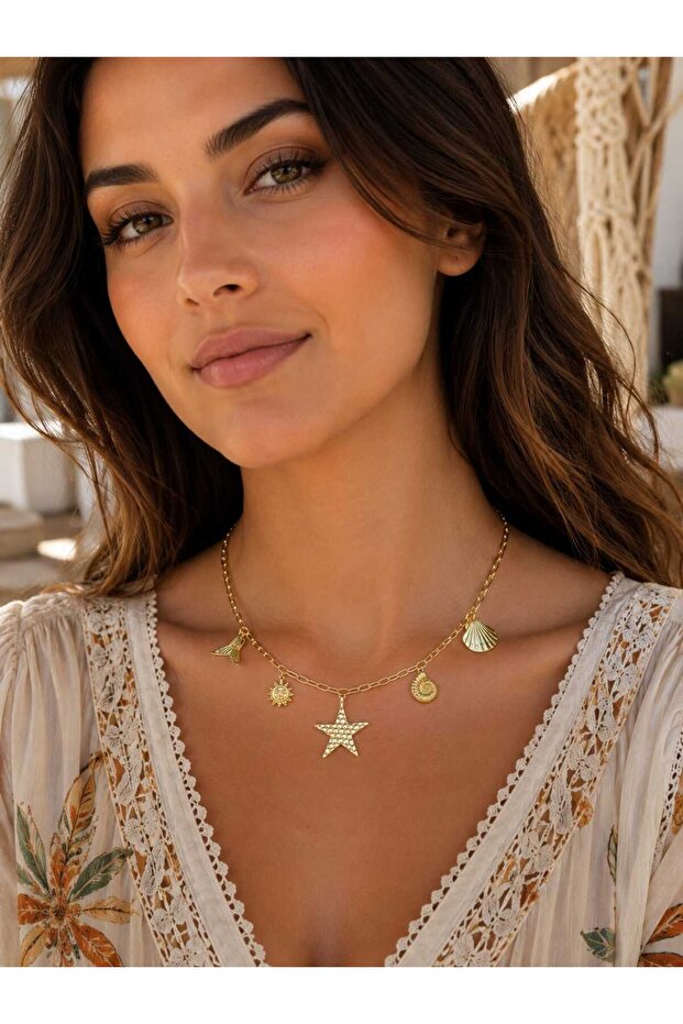 Gold Plated Star, Sun Fish Oyster Shell Chain Necklace