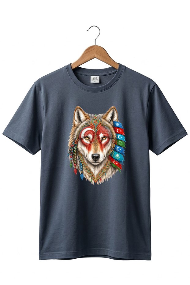 Ethnic Turkish Motifs and Wolf Print Moon Star and Turkish States Print 100% Cotton Basic T-Shirt
