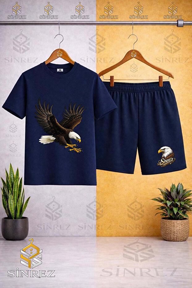 Crew Neck Kids' Eagle Colorful Attack Printed T-Shirt - Shorts Set