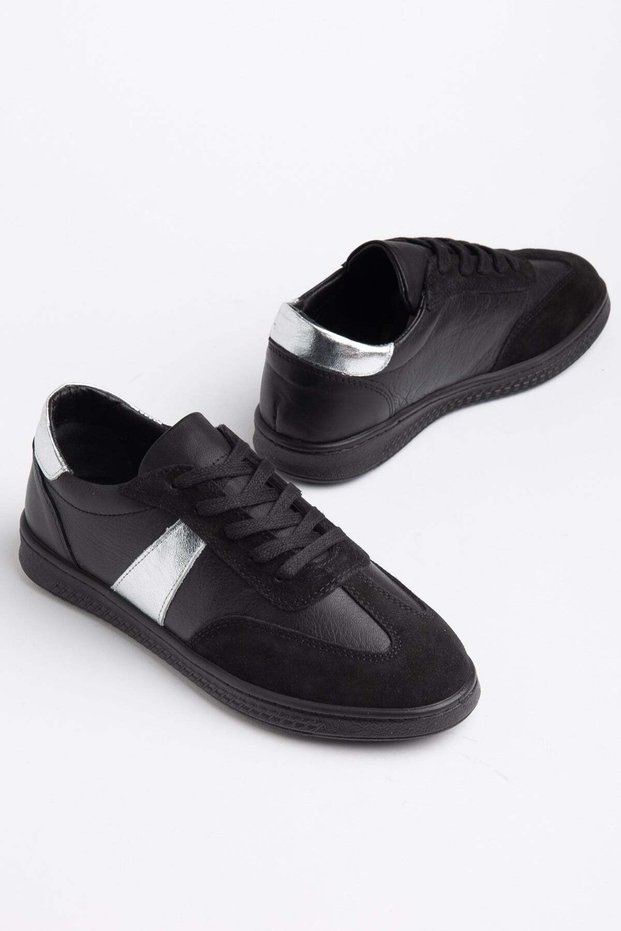Genuine Leather Women's Casual Sports Shoes with Black Side Shiny Stripes and Poly Sole
