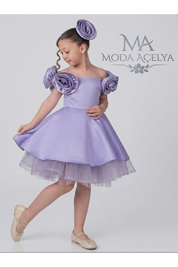 Girl's Rose Detailed Tulle Evening Dress
