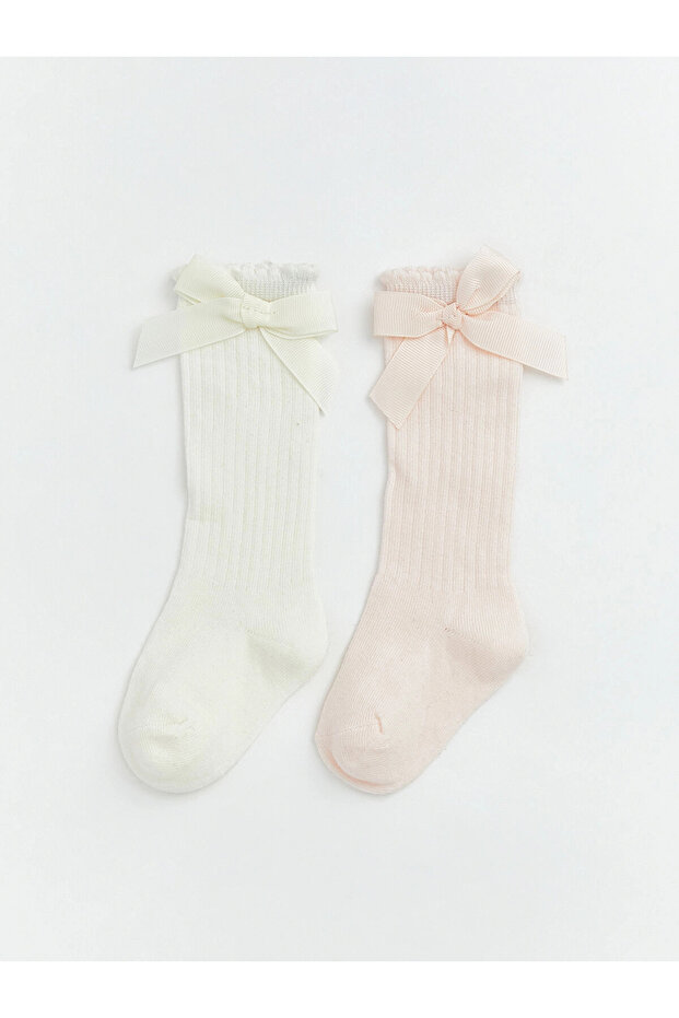 Lcw Baby Ecru Baby Girl Knee Socks with Bow, 2-Pack