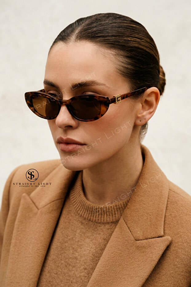Women's Leopard Cateye Sunglasses with Gold Details Uv400 Ultra Light Modern Slim Sik