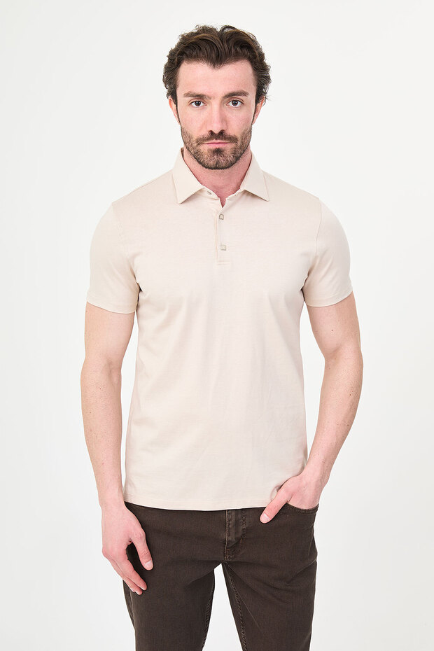 Plain Slim Fit Polo Collar Metal Buttoned 100% Cotton Short Sleeve Men's T-Shirt Beige - 36880.26Y