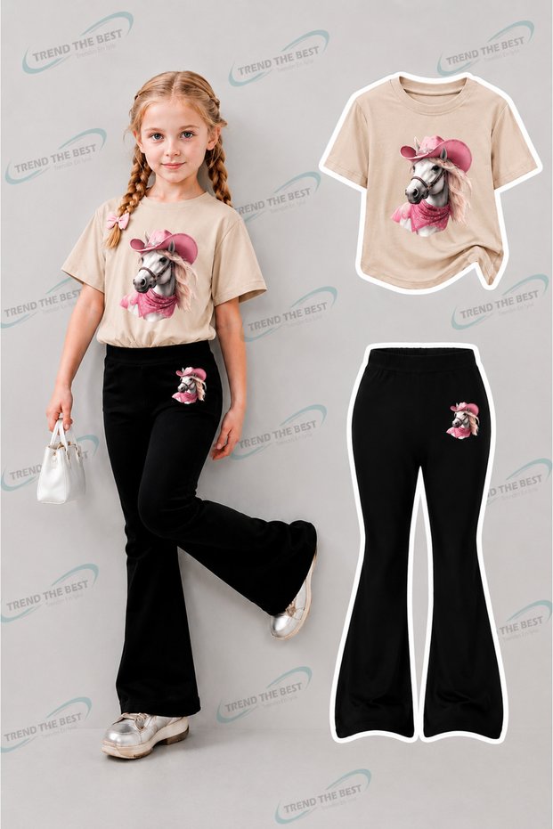 Summer Black Spanish Flared Pants and T-Shirt, Pink Hat Horse Print Design Kids Girls Set