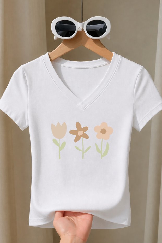 Women's Floral Printed Basic Daily Use V-Neck Slim Fit Lycra T-Shirt