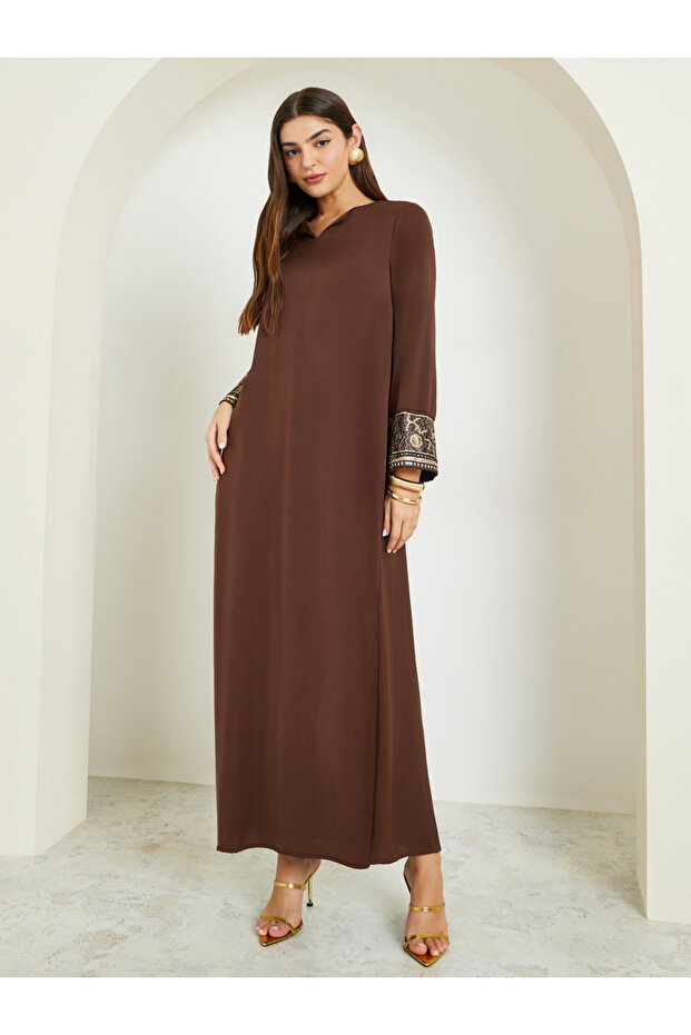 Brown Notch Neck Jalabiya with Embroidered Cuffs