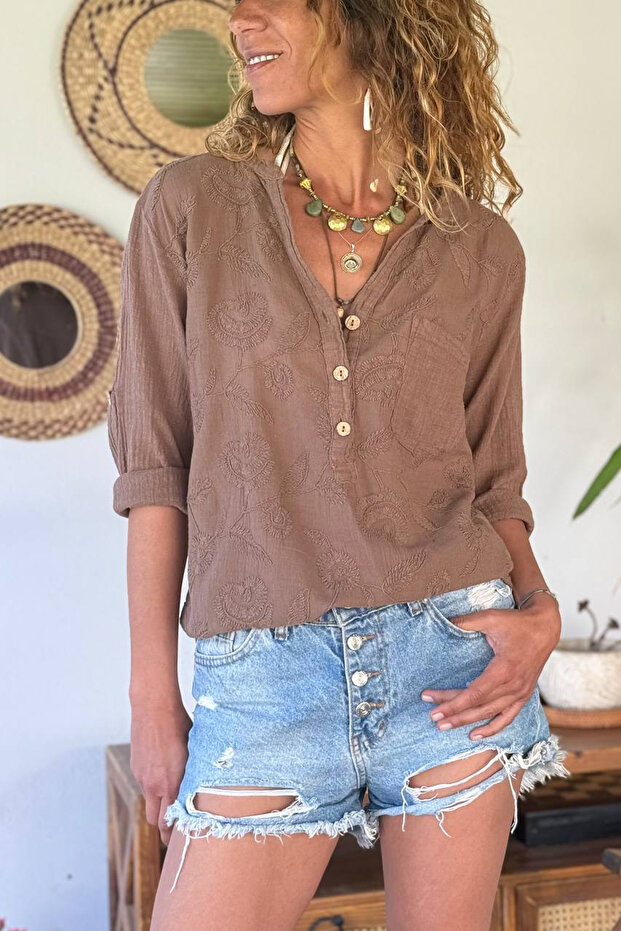 Bronze Color Buttoned Collar Washed Embroidered Cotton Woven Blouse 65 50