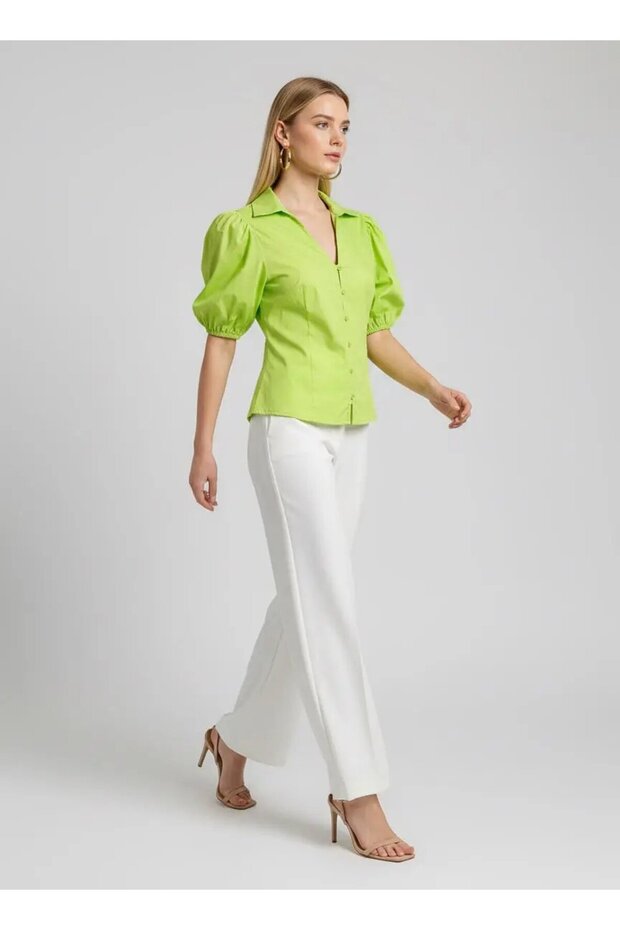 Women's V-Neck Button Detail Pencil Sleeve Elastic Woven Blouse 26062