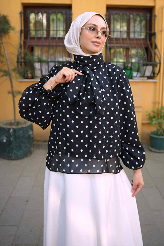 Black Collared Tie-Dye Polka Dot Chiffon Blouse