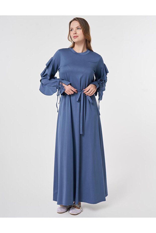 Ruffle Detailed Combed Cotton Dress Indigo