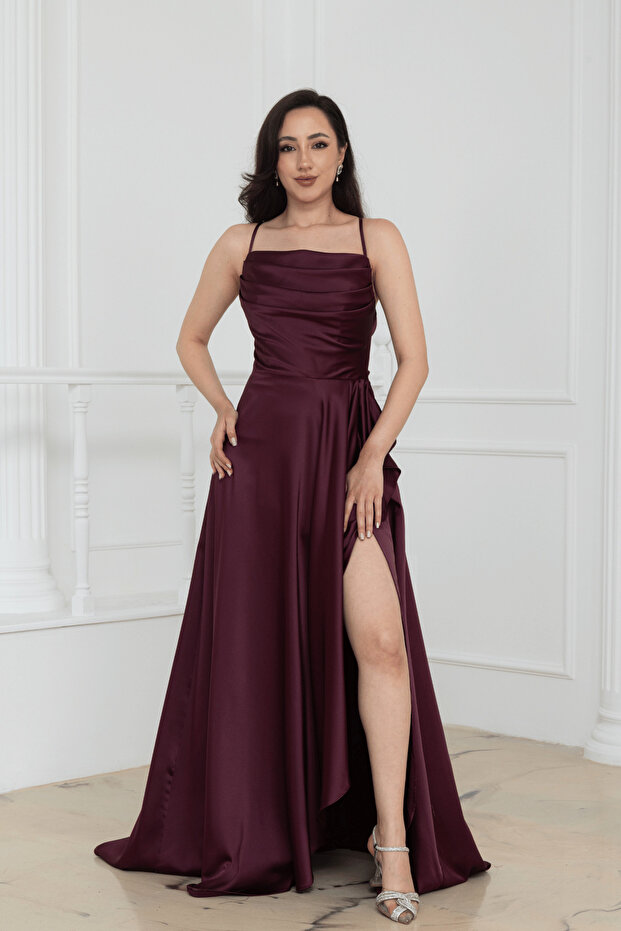 Satin Backless Long Evening Dress with Drawstring - Mürdüm