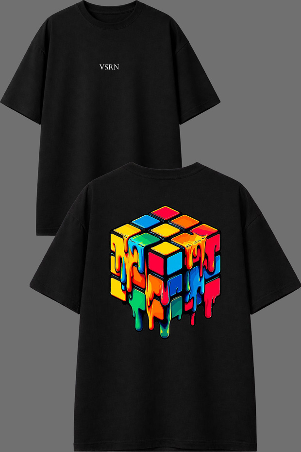 Rubik's Magic Design Front and Back Printed Black Oversize T-Shirt