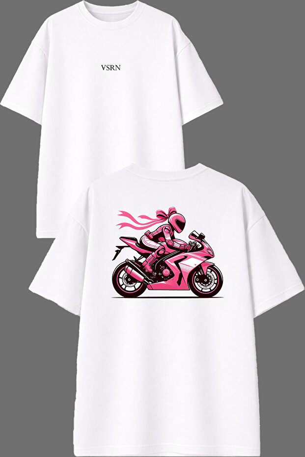 تي شيرت أبيض كبير الحجم بتصميم Pink Biker مطبوع من الأمام والخلف