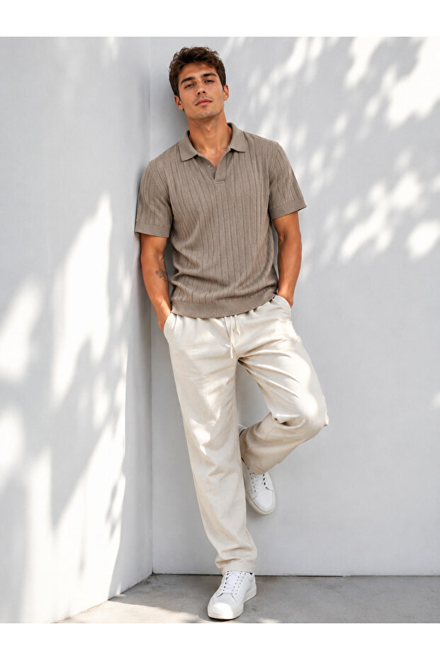 Men's Short Sleeve Ribbed Knit Open Polo Collar T-Shirt 271200