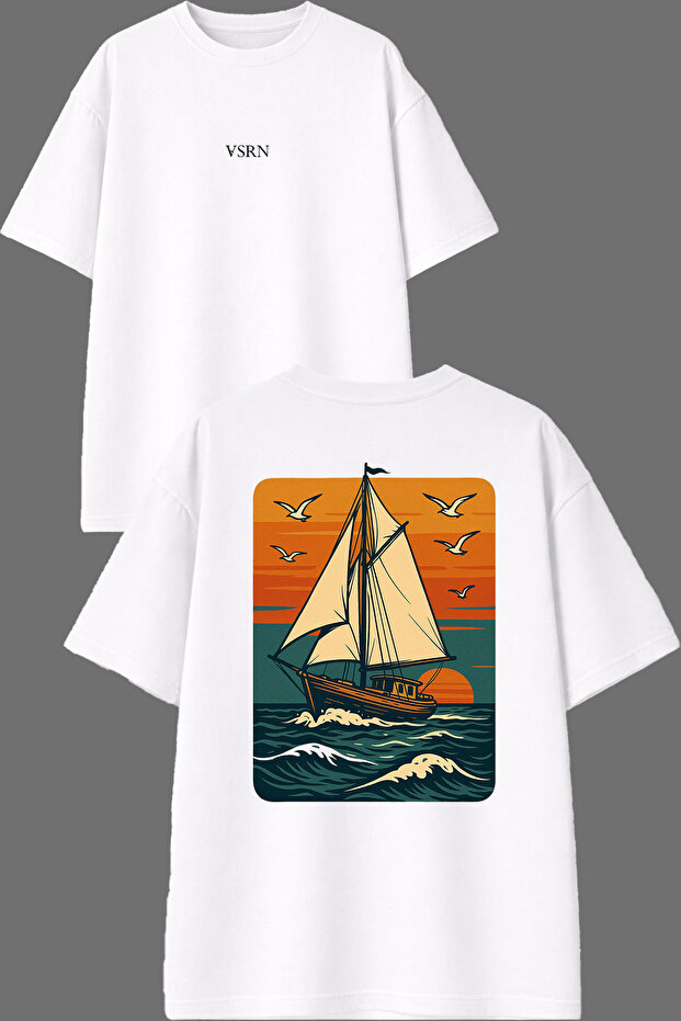 Sinking Ship Design Front and Back Printed White Oversize T-Shirt