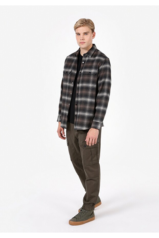 Comfort Fit Shirt Neck Plaid Men's Brown Long Sleeve Shirt
