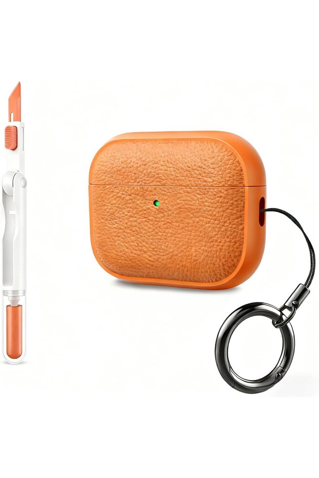 Shock-Resistant TPU Protective Case for AirPods Pro 3 (2025),Litchi Faux Design with Keychain and Cleaning Kit,Orange