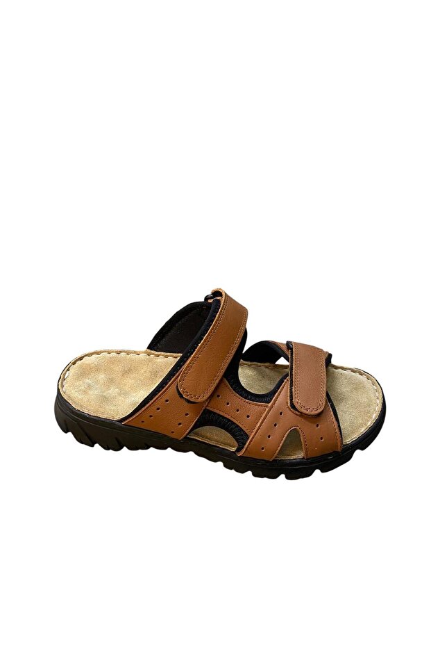 Men's Flat Sole Orthopedic Massage Double Strap Genuine Leather Slippers