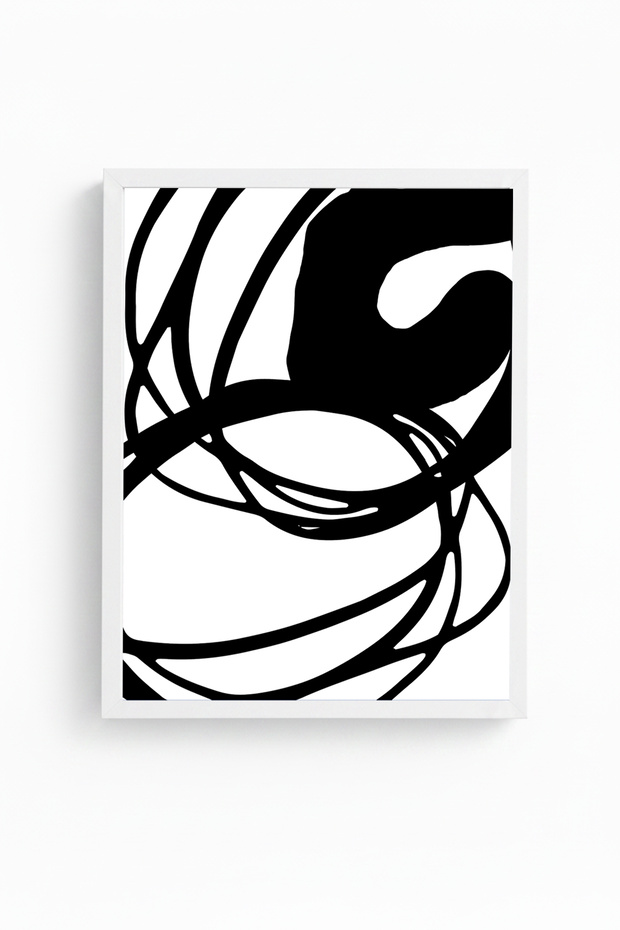 White Wooden Framed Minimal Line Art Painting - Black and White | Huhu1085 - Single Painting White Frame