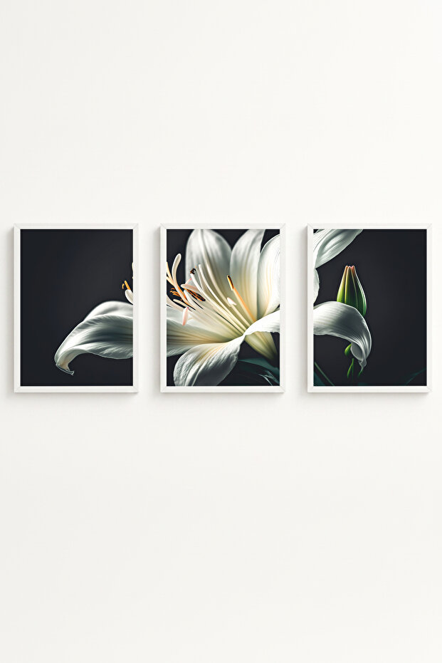 White Wooden Framed 3-Piece Floral Patterned Modern Painting Set Huhu224