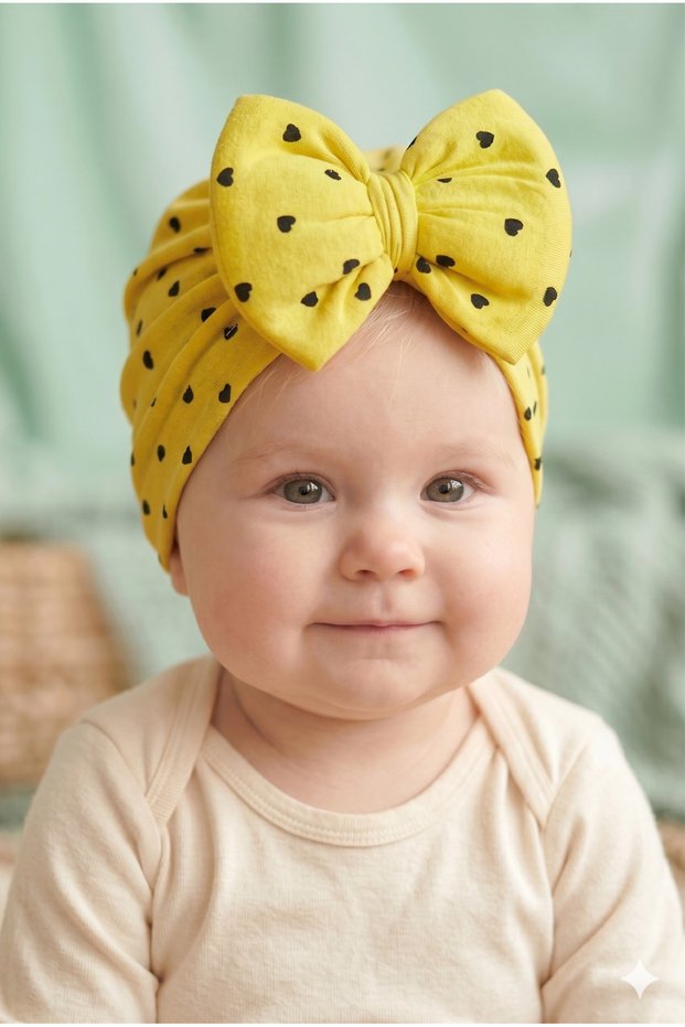 Baby Girl Luxury Patterned Big Bow Baby Bonnet - Baby Hair Band Yellow Black