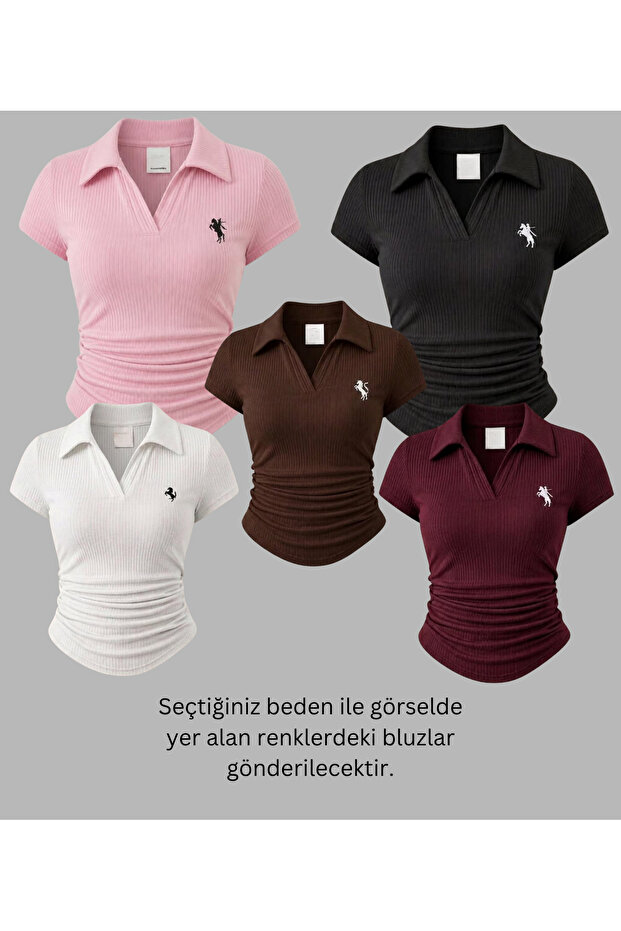 5 Li Vintage Polo Collar Ribbed Lycra Blouse
