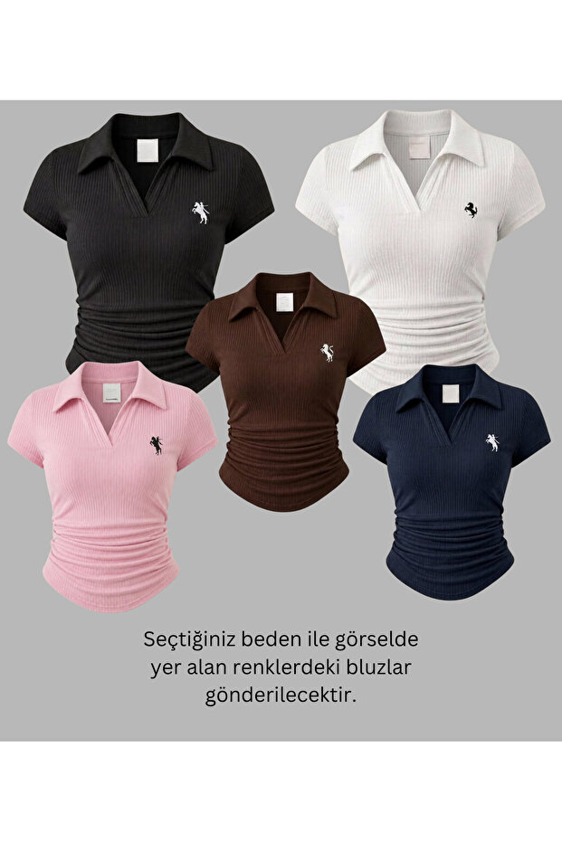 5 Li Vintage Polo Collar Ribbed Lycra Blouse