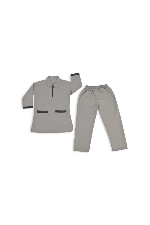 Women's Two-Piece Maid Uniform Set, 3/4 Sleeve Tunic with Collar, Maid and Nanny Dress Set With Long Pant, Khadama Dress, Scrub Set (Grey, XL)