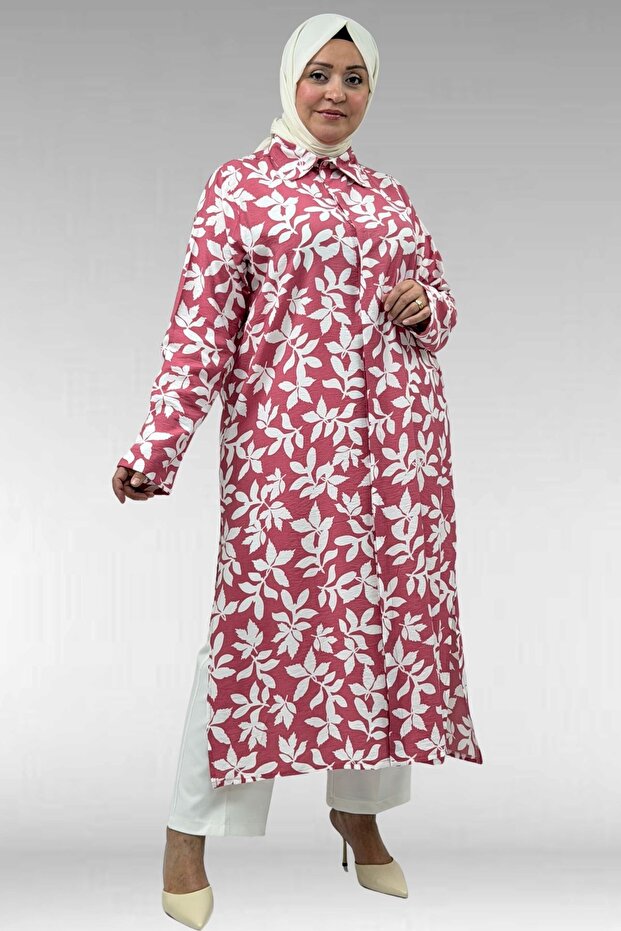 68045 Plus Size Mango Tunic with Curled Sleeves - Leaf Pattern Pink