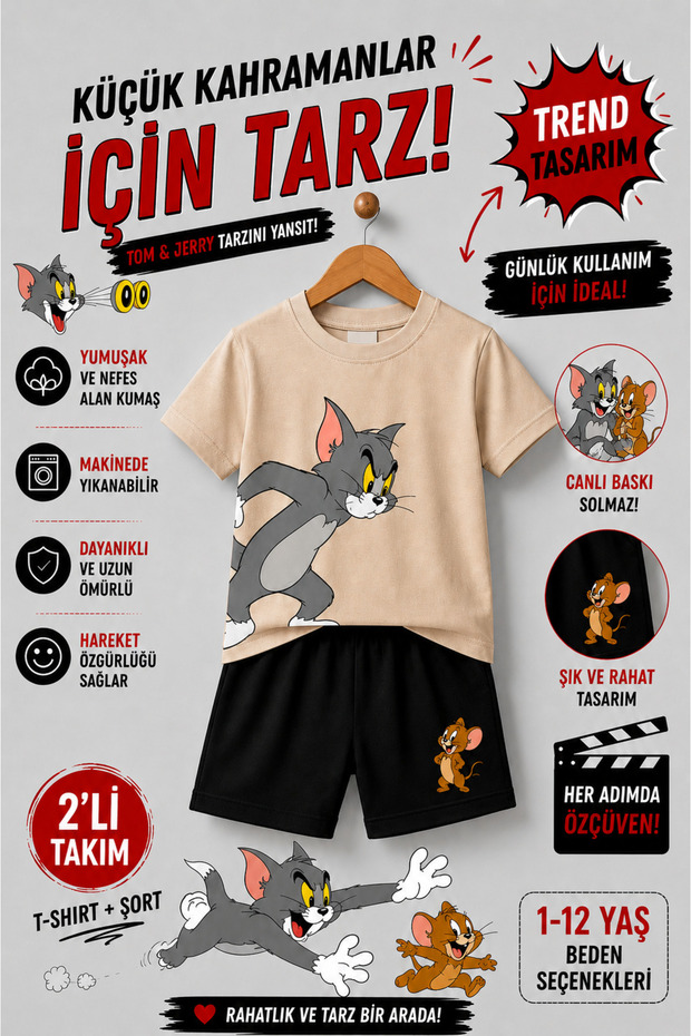 Tom & Jerry Printed Children's Set – T-Shirt & Shorts 2-Piece Combination | Trendy Summer Set for Ages 1-12