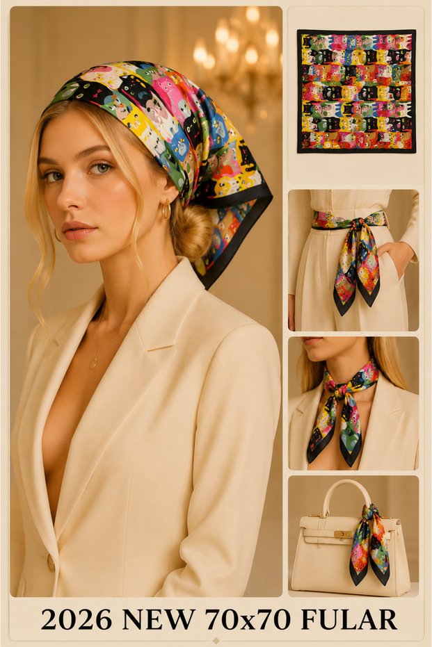 Luxury Women's Cat Patterned Colorful Scarf 70X70 cm Hair and Neck Bandana