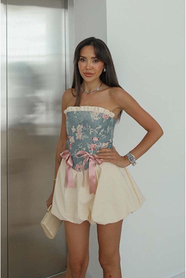 Blue Patterned Corset Blouse Skirt Set