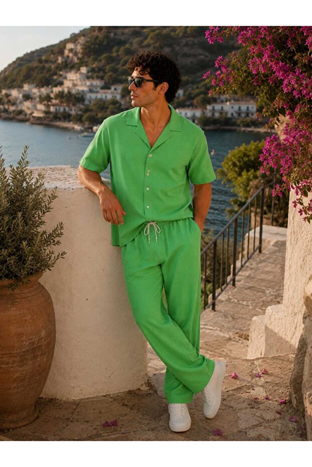Comfortable Fit, Cotton Linen, Breathable, Non-Sticking, Stuffed Collar Shirt, Tie-Up Pants Set