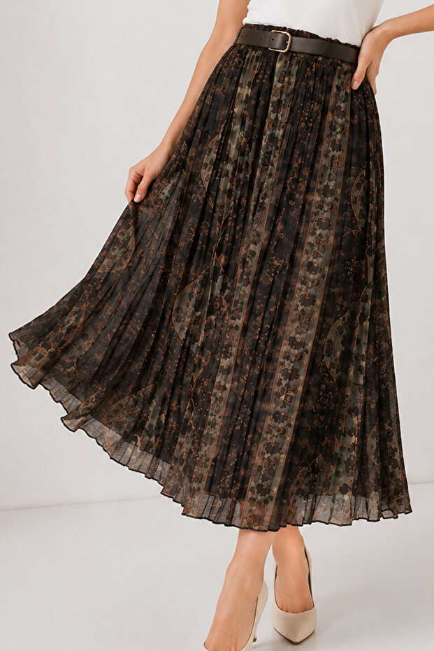 Belted Patterned Skirt B8074 Black - 3