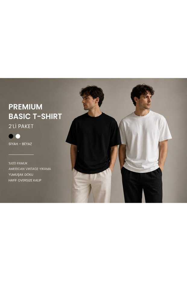 2-Piece Premium Basic Men's T-Shirt Set | Black and White 100% Cotton Lightweight Oversize T-Shirt