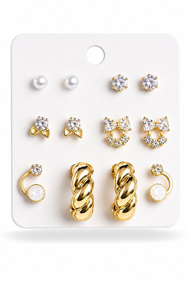 Brass Gold Color Zircon Stone Spiral Hoop Model 7 Piece Women's Earring Set