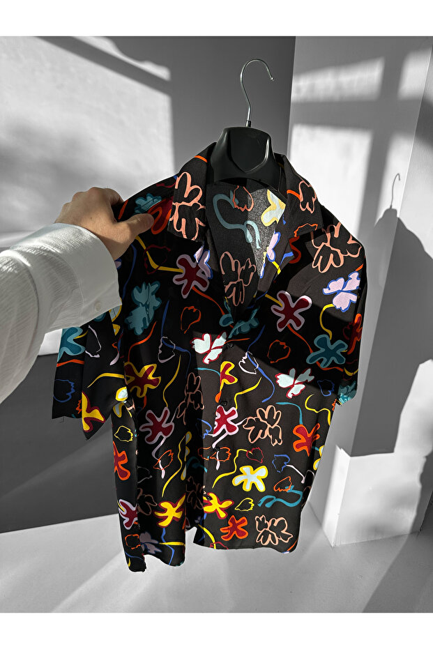 Black Abstract Flower Cuban Collar Efil Efil Alaçatı Shirt